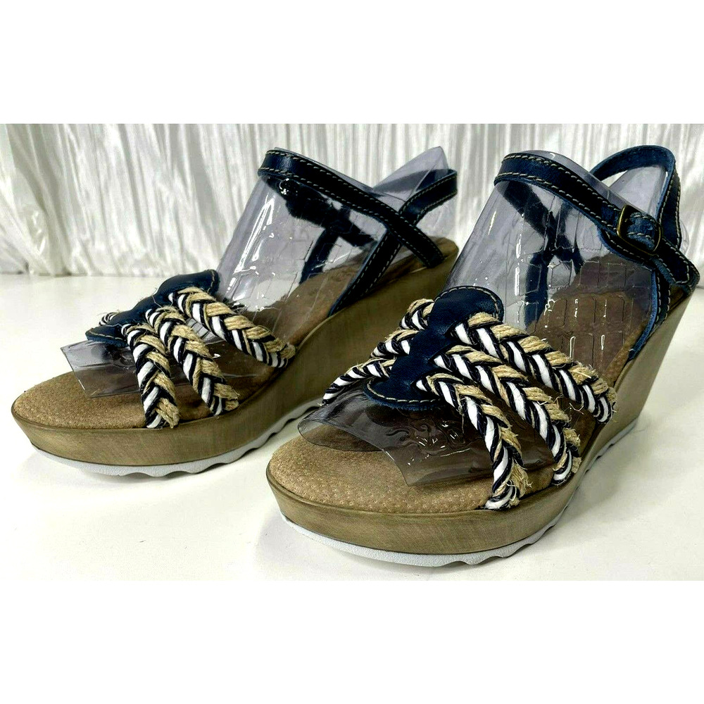 REBA Blue/Beige Leather Jute Braided 3.5" Wedge